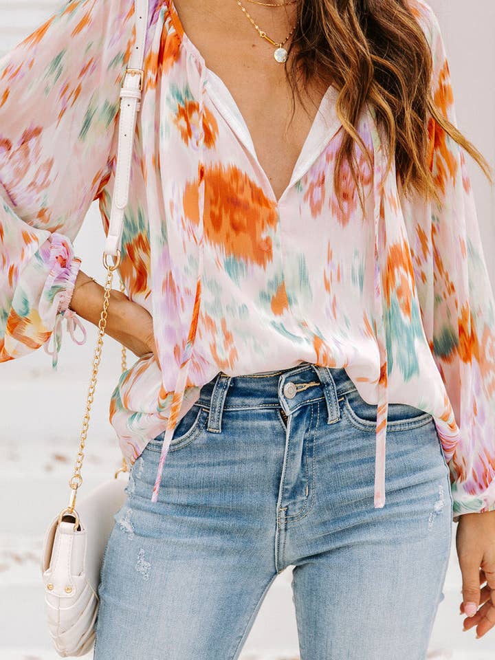Multicolor Abstract Print Split Neck Puff Sleeve Blouse for wholesale on Faire