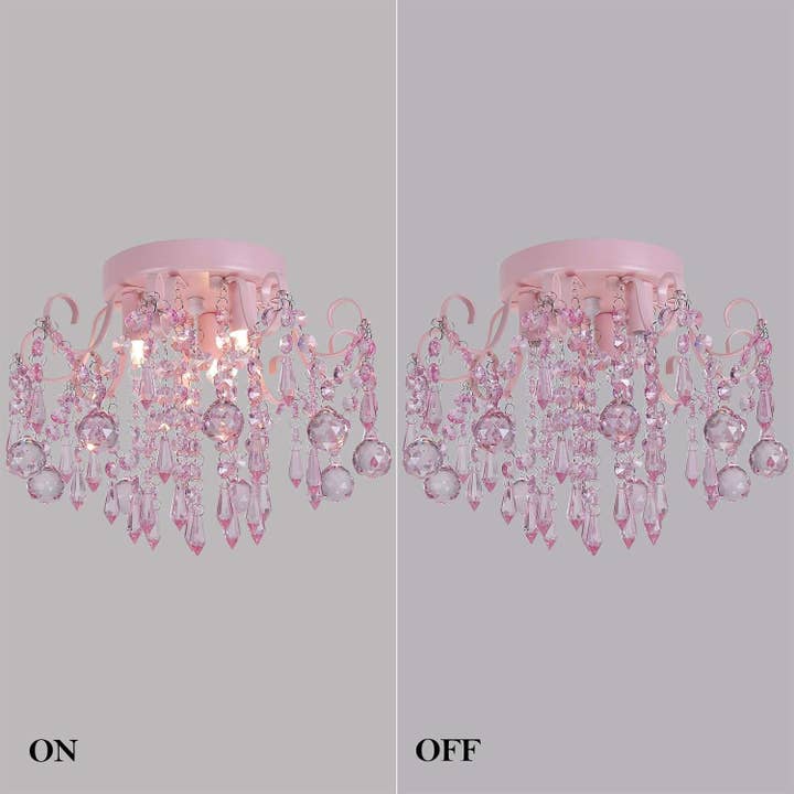 Mini Chandelier Crystal,Semi Flush Mount Pink Girl Chandelier, Small Crystal Ceiling Light Fixture Bedroom Bathroom Closet Nursery 3 Lights for wholesale on Faire6