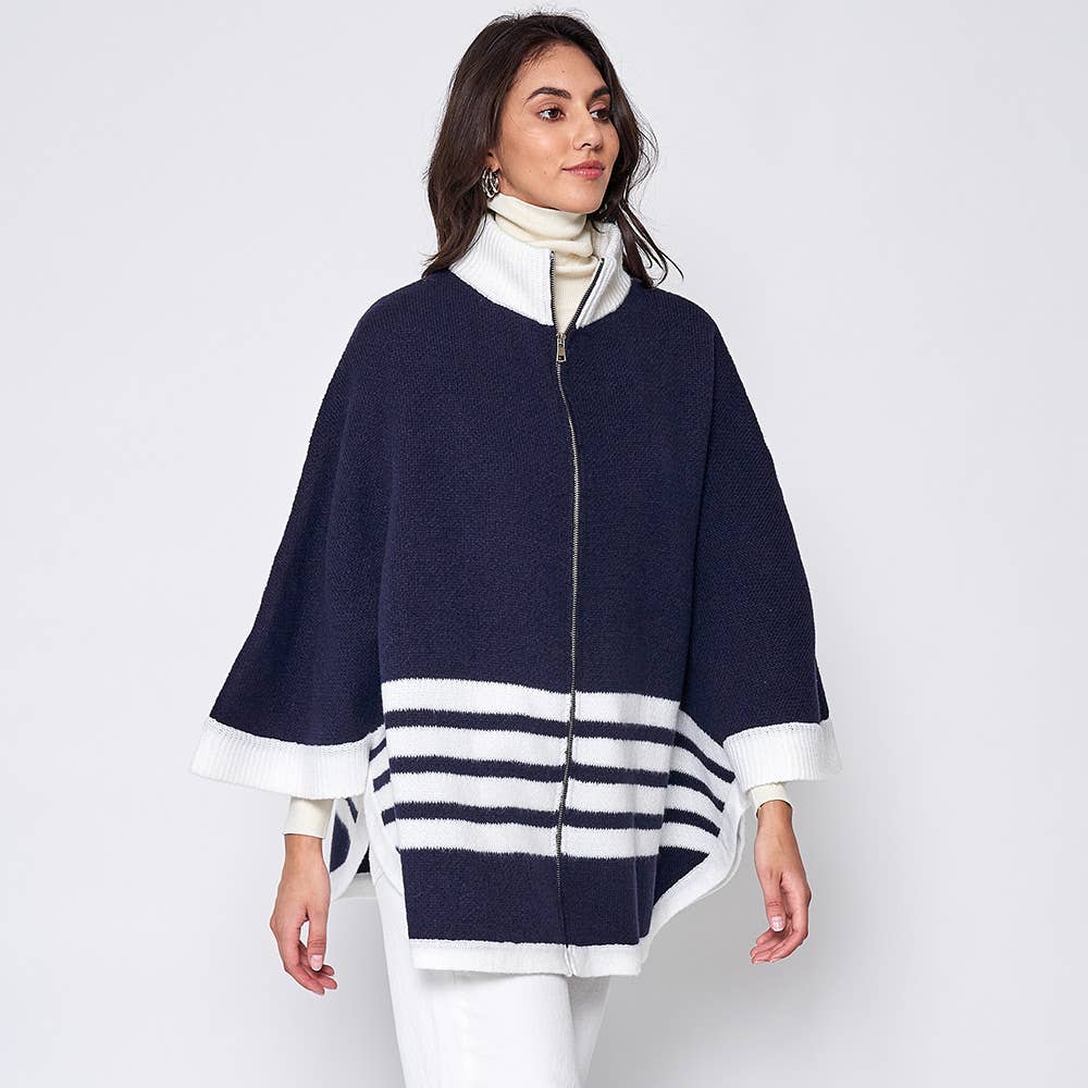 Sensibling Corp. - Wholesale Poncho - Women's - Sporty Bordered Zip Up Knit Cape Poncho15