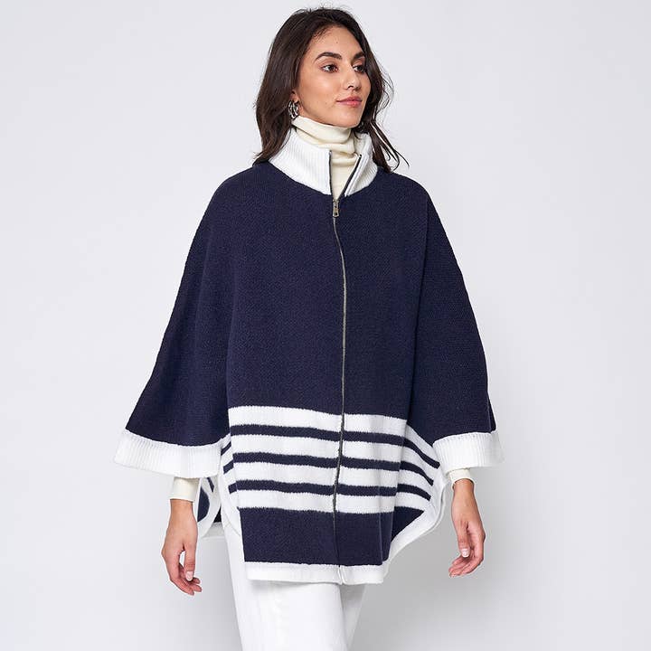 Sensibling Corp. - Wholesale Poncho - Women's - Sporty Bordered Zip Up Knit Cape Poncho15