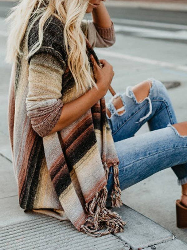 ORANGE Langärmlige, locker geschnittene, gestreifte, kragenlose Strickjacken mit Quasten für den Großhandel auf Faire2