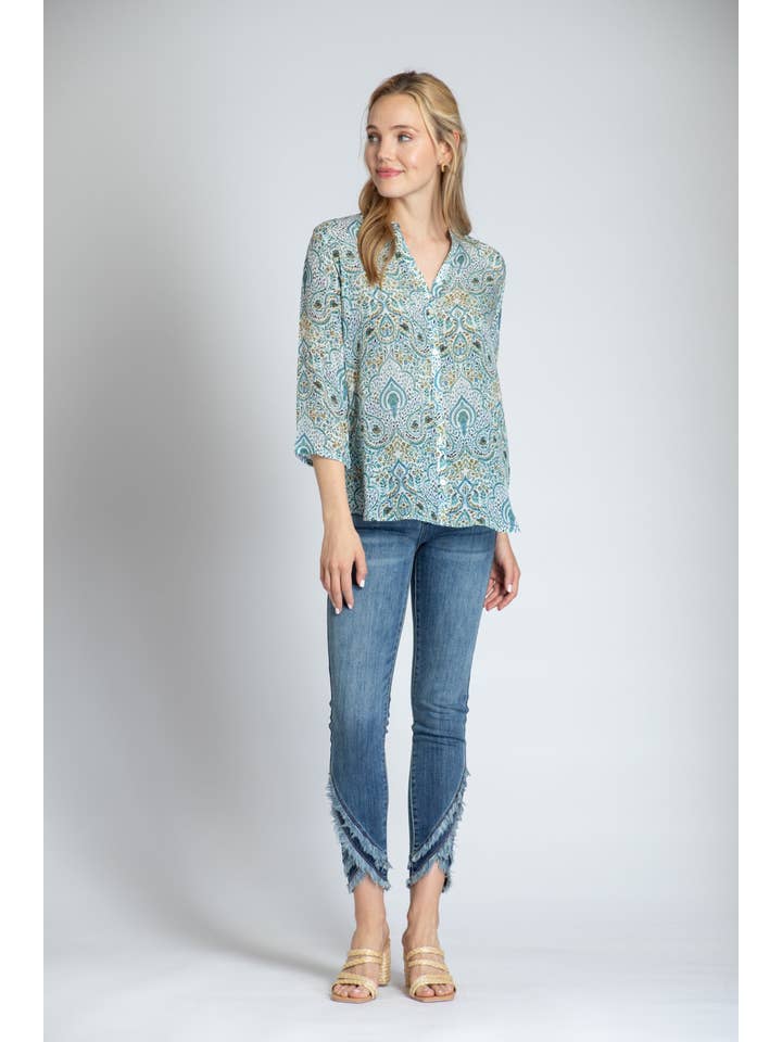 No Color Modern Paisley Print - 3/4 Slv Mandarin Collar Bttn-up for wholesale on Faire4