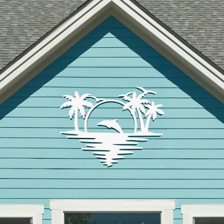 Art mural extérieur de dauphins avec coucher de soleil et palmiers pour la vente par JennyGems
