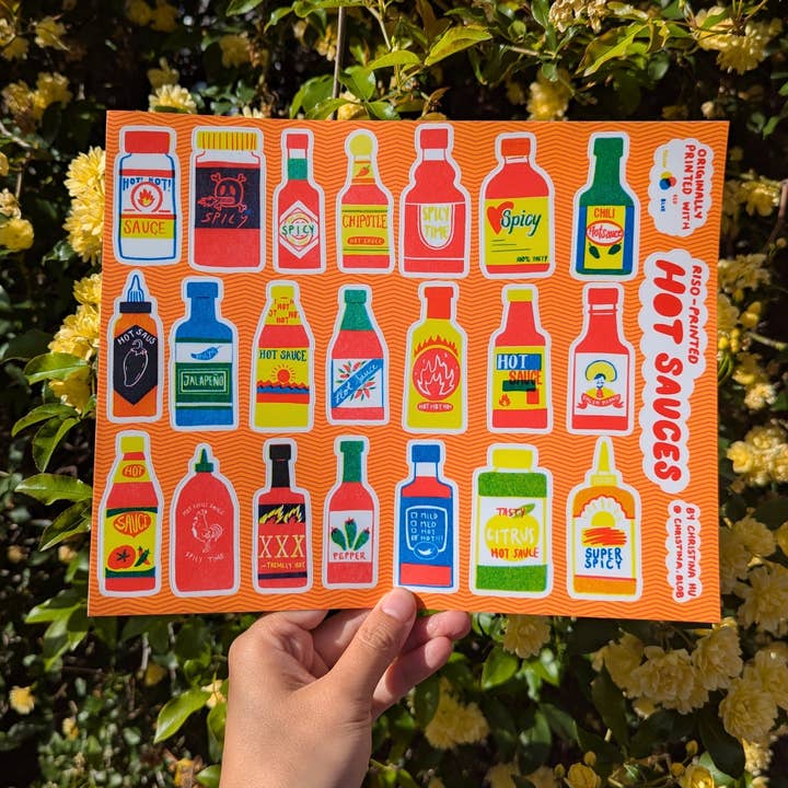 Christina Hu - Wholesale Sticker - Hot Sauce Risograph Sticker Sheet | 10"x8" Waterproof Vinyl