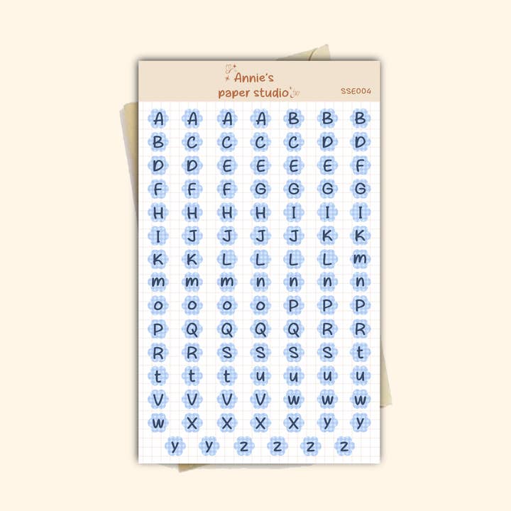 Blue gingham letter sticker sheet for wholesale by Annie's paper studio