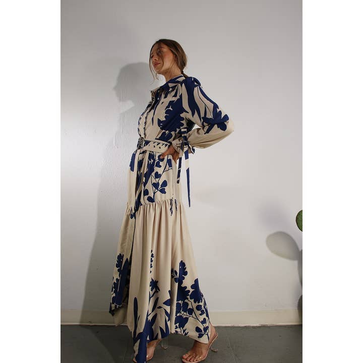 BLUE MULTI PRINT UNEVEN BELTED LONG DRESS for wholesale on Faire9