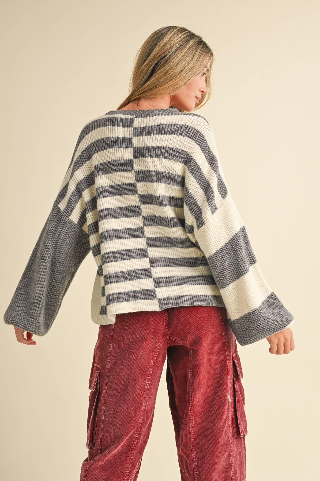 &MERCI - Wholesale Knit Sweater - Women's - OVERSIZED MIXED COLOR BLOCK SWEATER MSW1068116