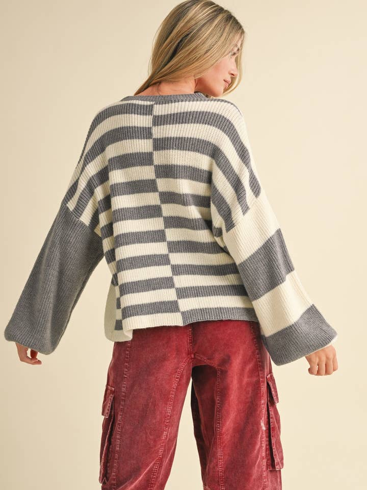 &MERCI - Wholesale Knit Sweater - Women's - OVERSIZED MIXED COLOR BLOCK SWEATER MSW1068116