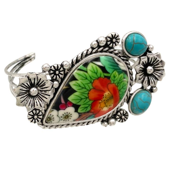Lunar Deer - Wholesale Cuff Bracelet - Painted Flowers Epoxy Resin Teardrop Turquoise Open Bangle