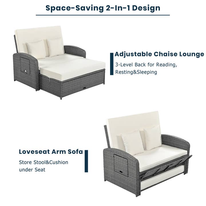 White PE Wicker Rattan Double Chaise Lounge for wholesale on Faire