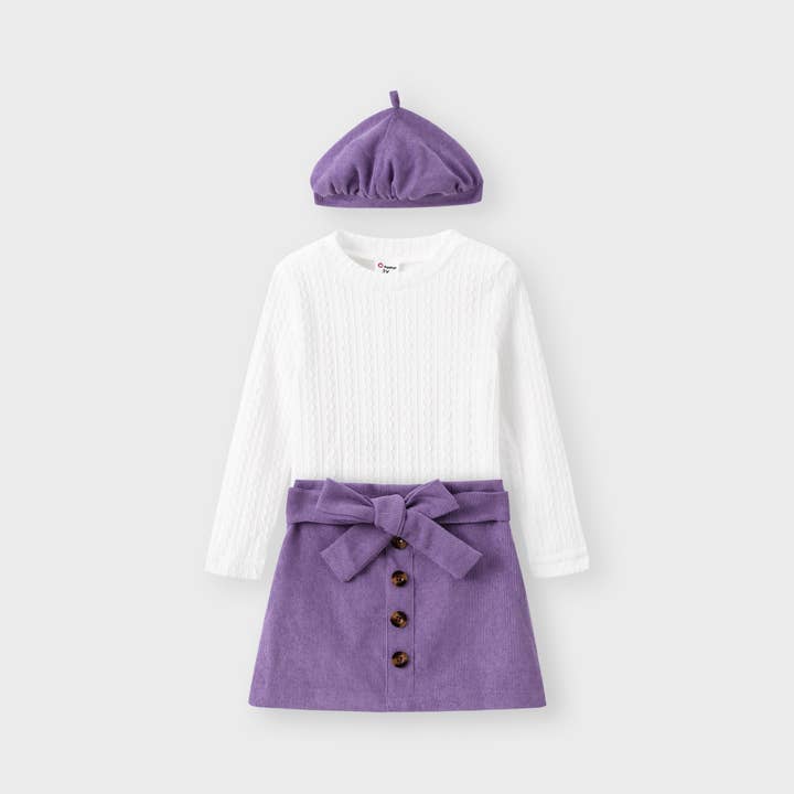 3pcs Toddler Girl Cable Knit Top & Belted Skirt & Hat Set for wholesale by PatPat