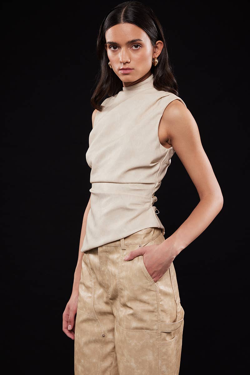 BIEGE ASYMMETRIC PLEATHER MOCK NECK SLEEVELESS TOP-TI6804FO for wholesale on Faire5