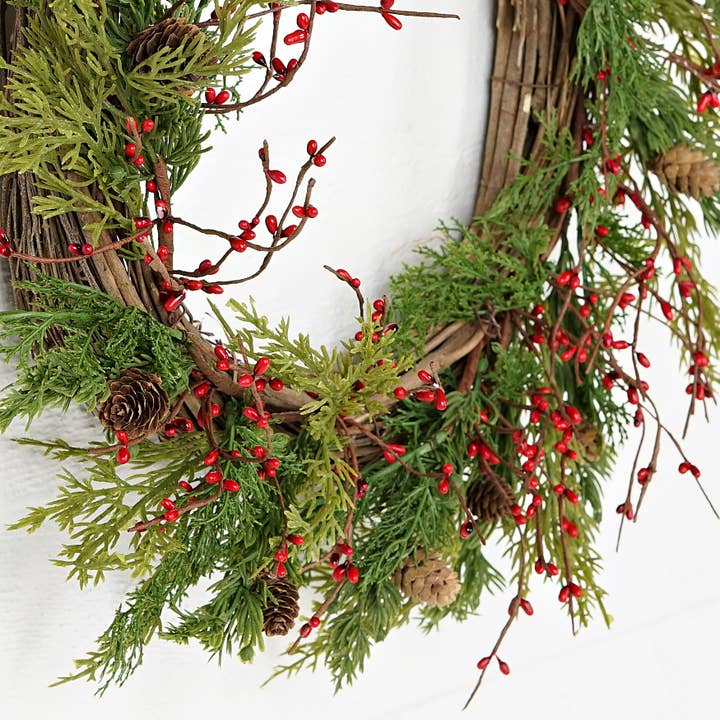 Holiday Depot Inc. - Wholesale Wreath - ISB71700- 24in Evergreen Pine with Red Pips Wreath