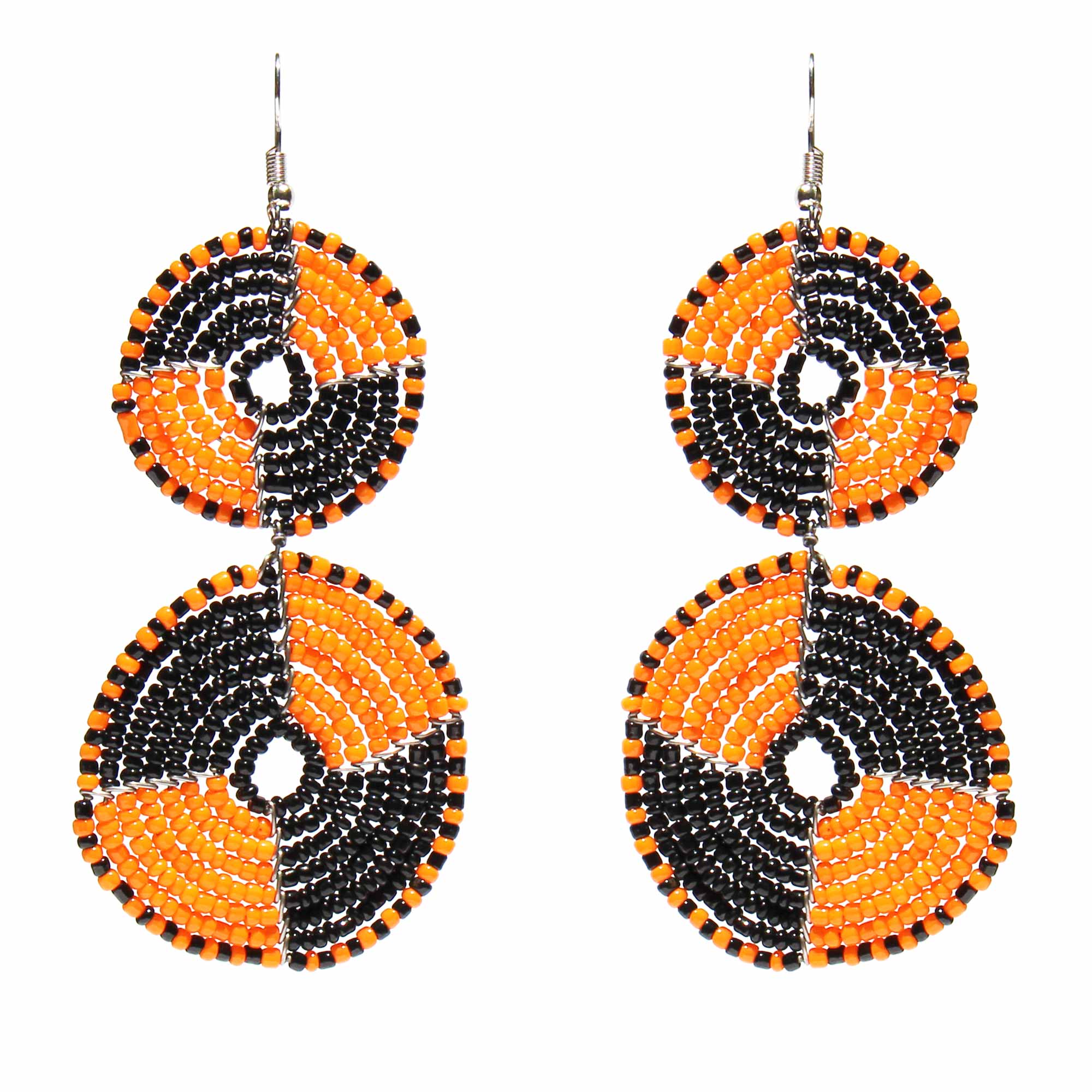 Global Crafts - Wholesale Dangle Earrings - PACK OF 5 -Maasai Bead Double Circle Dangle Earrings, Mango Orange and Black0