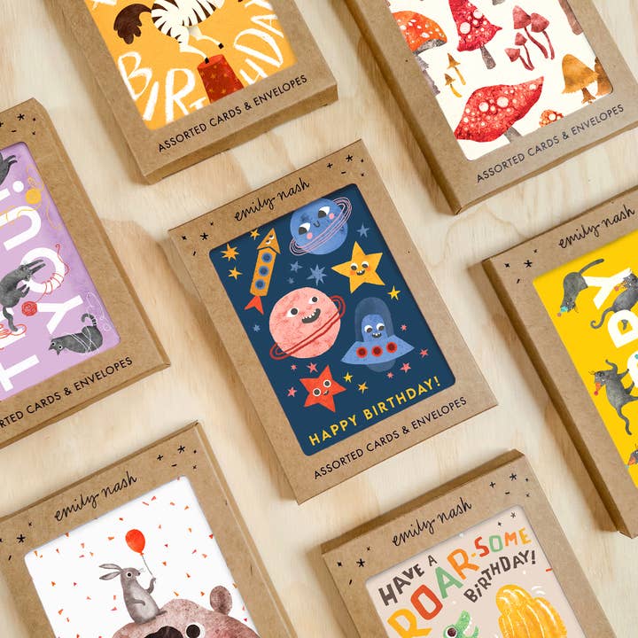 Emily Nash Illustration Greeting Cards - Vente Cartes d'anniversaire - Pack de 6 cartes de vœux Joyeux Anniversaire Animaux Multipack2