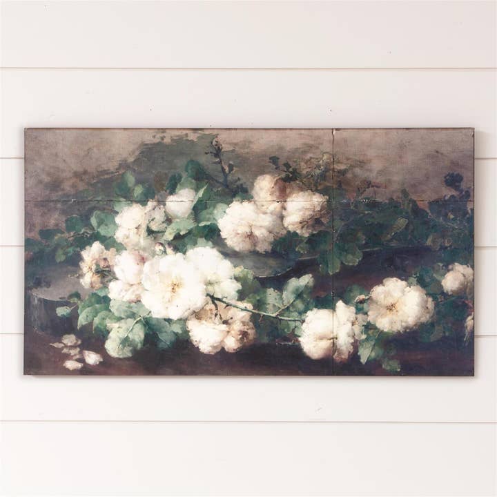 Metal Wall Hanging - White Floral Painting (PC) for wholesale by Audrey's Home & Gift