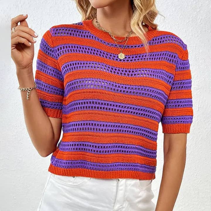 PULLOVER STRIPED SHORT SLEEVE PATCHWORK KNITWEAR_CWOSWS0055 for wholesale by Lily Clothing