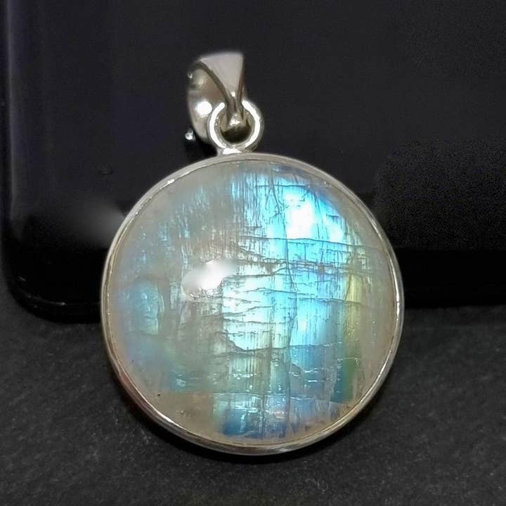 Unisex Large Round Moonstone Pendant | IMPERFECT | Silver for wholesale by Mistry Gems