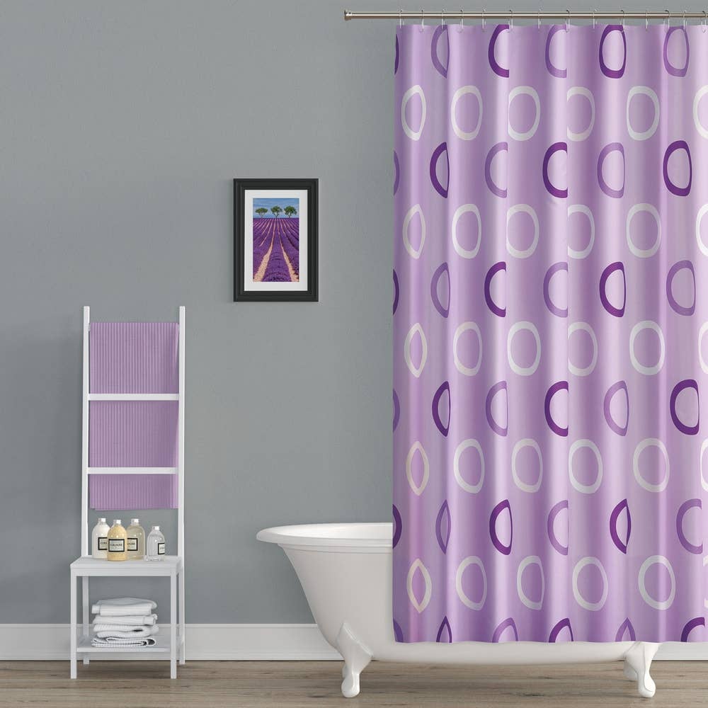 TROPIK HOME – wholesale Duschdraperi – Lila och vita ringar, Extra lång tyg badrum dusch1