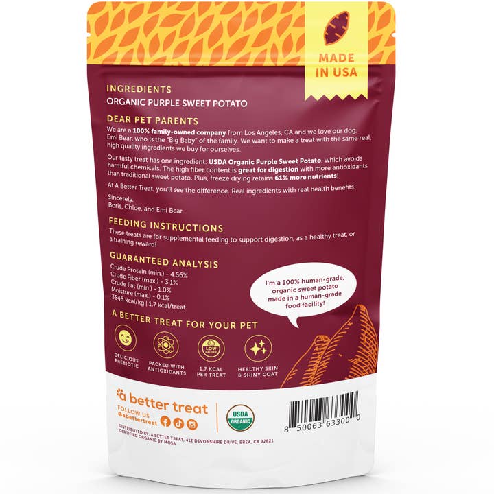 A Better Treat - Wholesale Pet Treats - Dog - Organic Freeze Dried Purple Sweet Potato Dog and Cat Treats