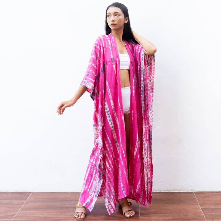 Tie Dye Kimono Cover Up (Hot Pink) - Bikini Beach Robe Dress for wholesale by Bali Harvest