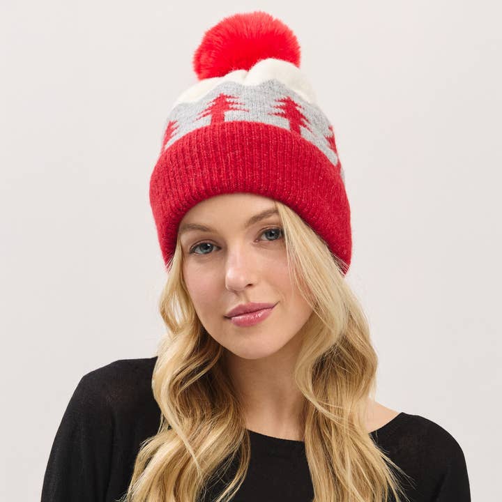 Hana - Wholesale Beanie - Women's - Holiday Pine Tree Pattern Fleeced Pom Beanie Hat10