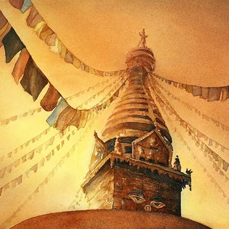 Buddha Eyes malet på Swayambhunath Stupa i Kathmandu-dalen, Nepal. Nepal maleri. Nepal kunst. Buddhisme kunst væg udsmykning (print) for engroshandel hos Ryan Fox Fine Art