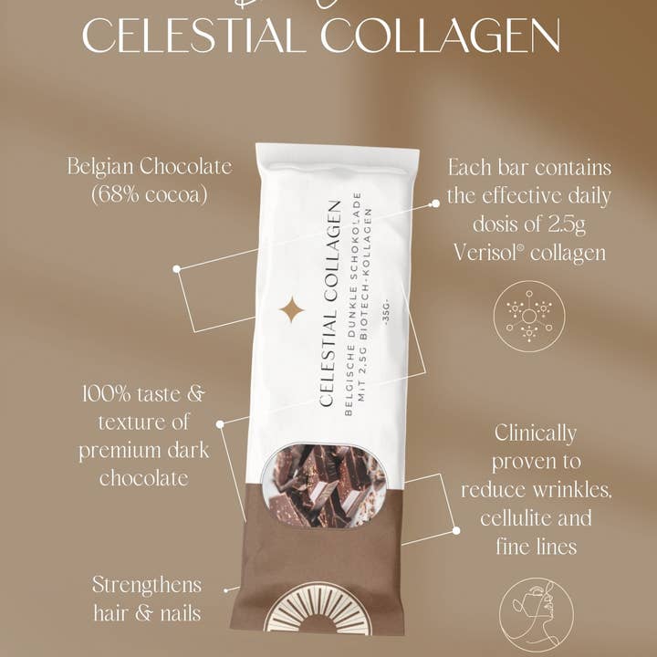 Celestial Collagen – wholesale Chocolate bar – Collagen infused dark Belgian Chocolate Bar 35g