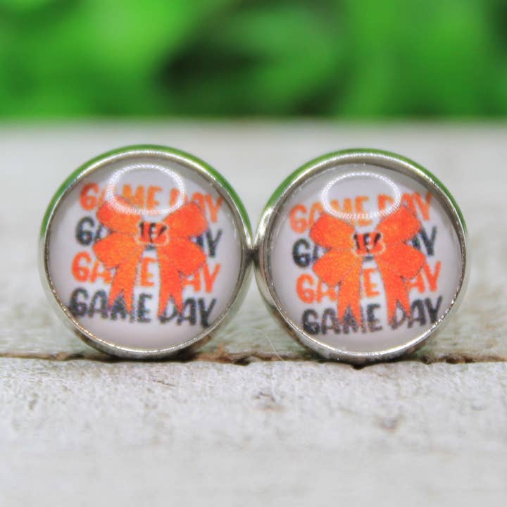 Cincinnati Bengals Game Day Bow Glass Stud Earrings for wholesale by Hylidae Boutique