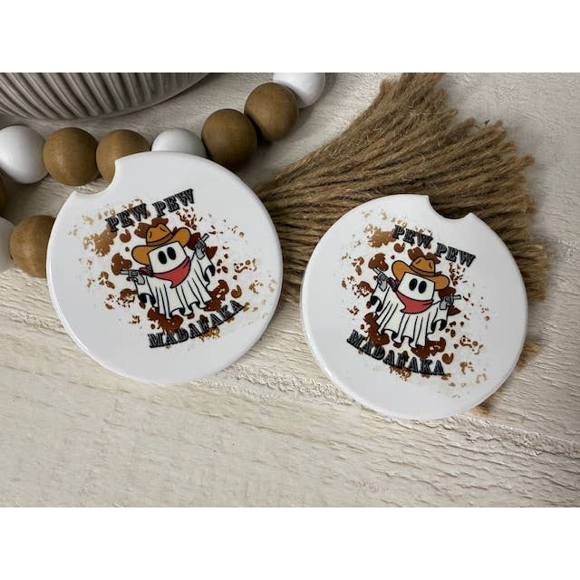 Juego de Posavasos de Cerámica para Coche Pew Pew Madafaka Cowboy Ghost para venta al por mayor de Dogwood Graphics & Design