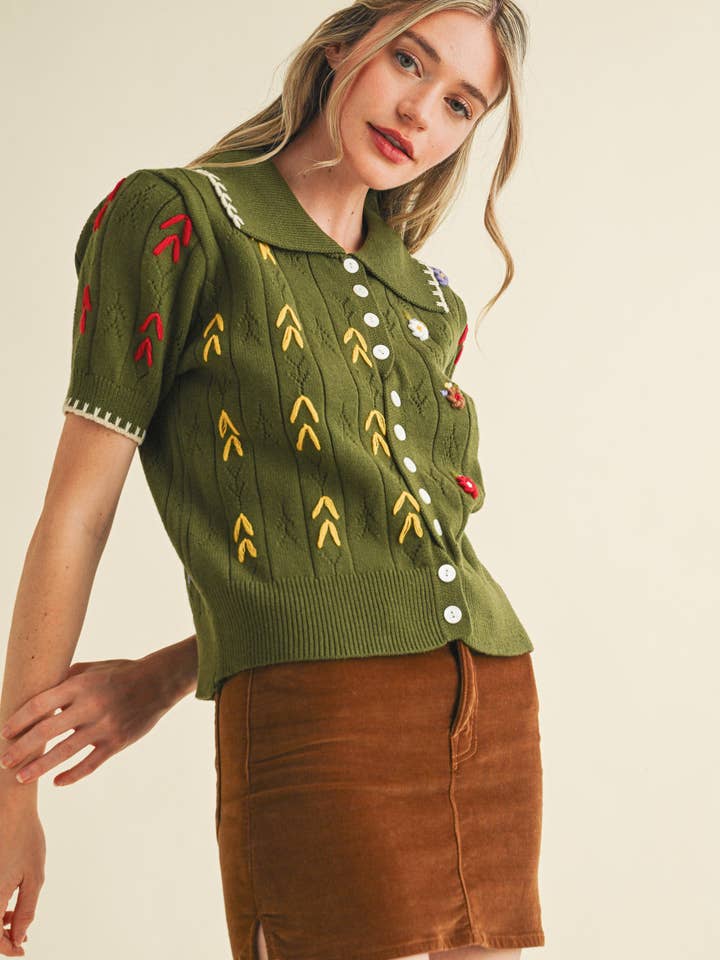 &MERCI - Wholesale Knit Sweater - Women's - HAND EMBROIDERED SHORT SLV BUTTON DOWN SWEATER MSW1095340