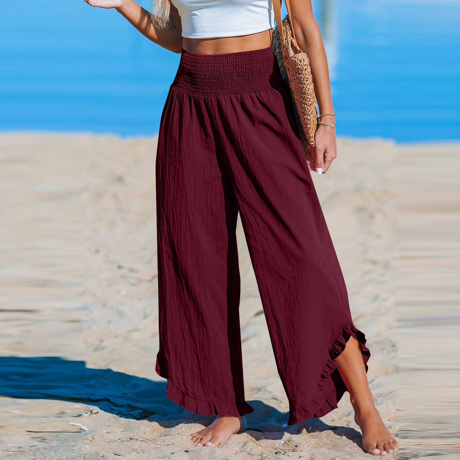 Rosa Clothing - Wholesale Pants - Women's - Smocked Elastic Waist Ruffled Wide Leg Pants6