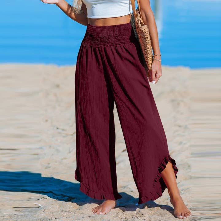 Rosa Clothing - Wholesale Pants - Women's - Smocked Elastic Waist Ruffled Wide Leg Pants6