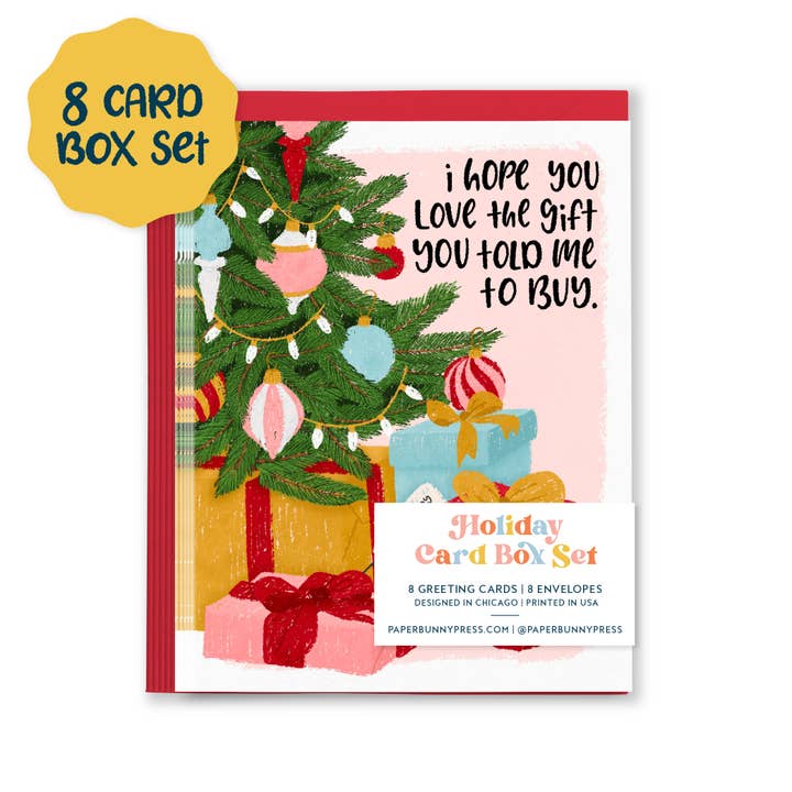 Regalo que me dijiste que comprara: Caja de tarjetas de vacaciones - Juego de 8 tarjetas para venta al por mayor de Paper Bunny Press