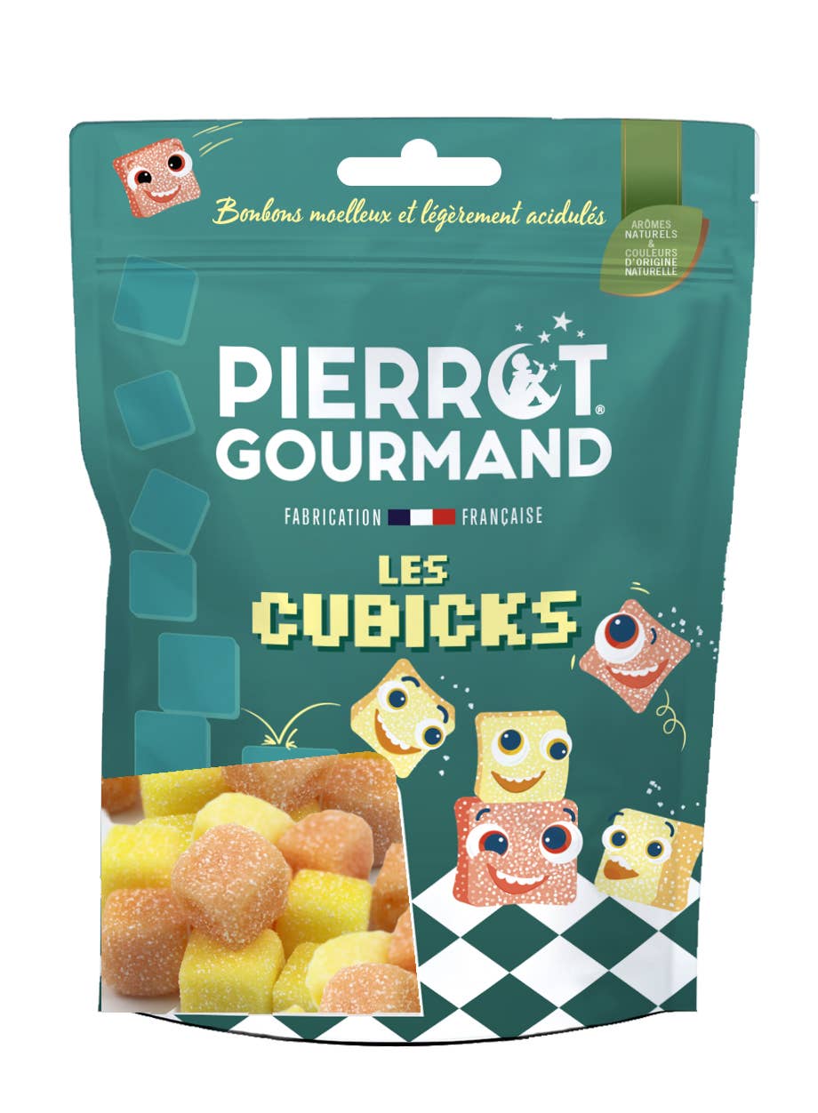 Pierrot Gourmand – Großhandel Weingummi – Wiederverschließbare 100-g-Tüte Cubicks Fruchtgummi1