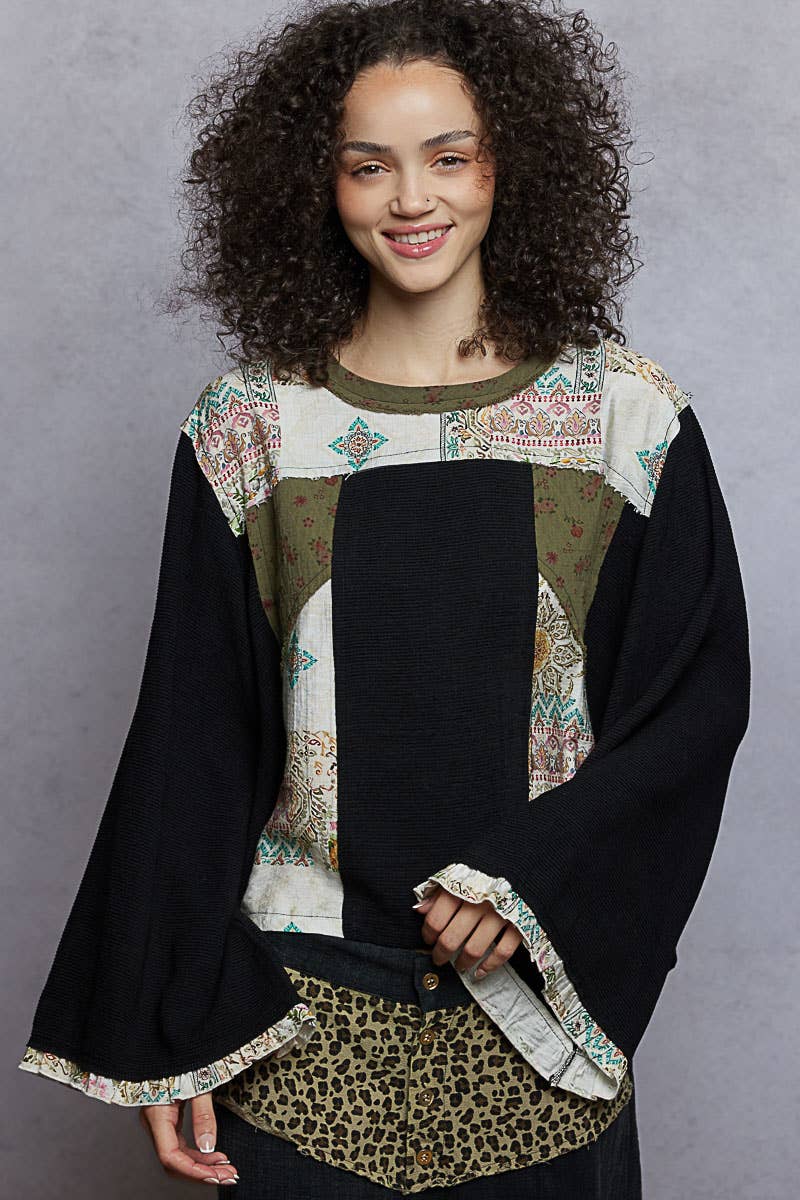 Pol Clothing - Wholesale Blouse - Women's - Long sleeve double gauze printed woven contrast top0