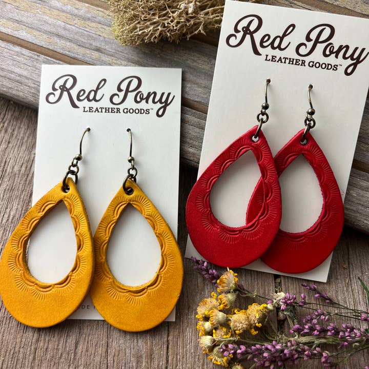 Boho Western Tooled Leather Earrings Bright Colors for wholesale by Red Pony Leather Goods