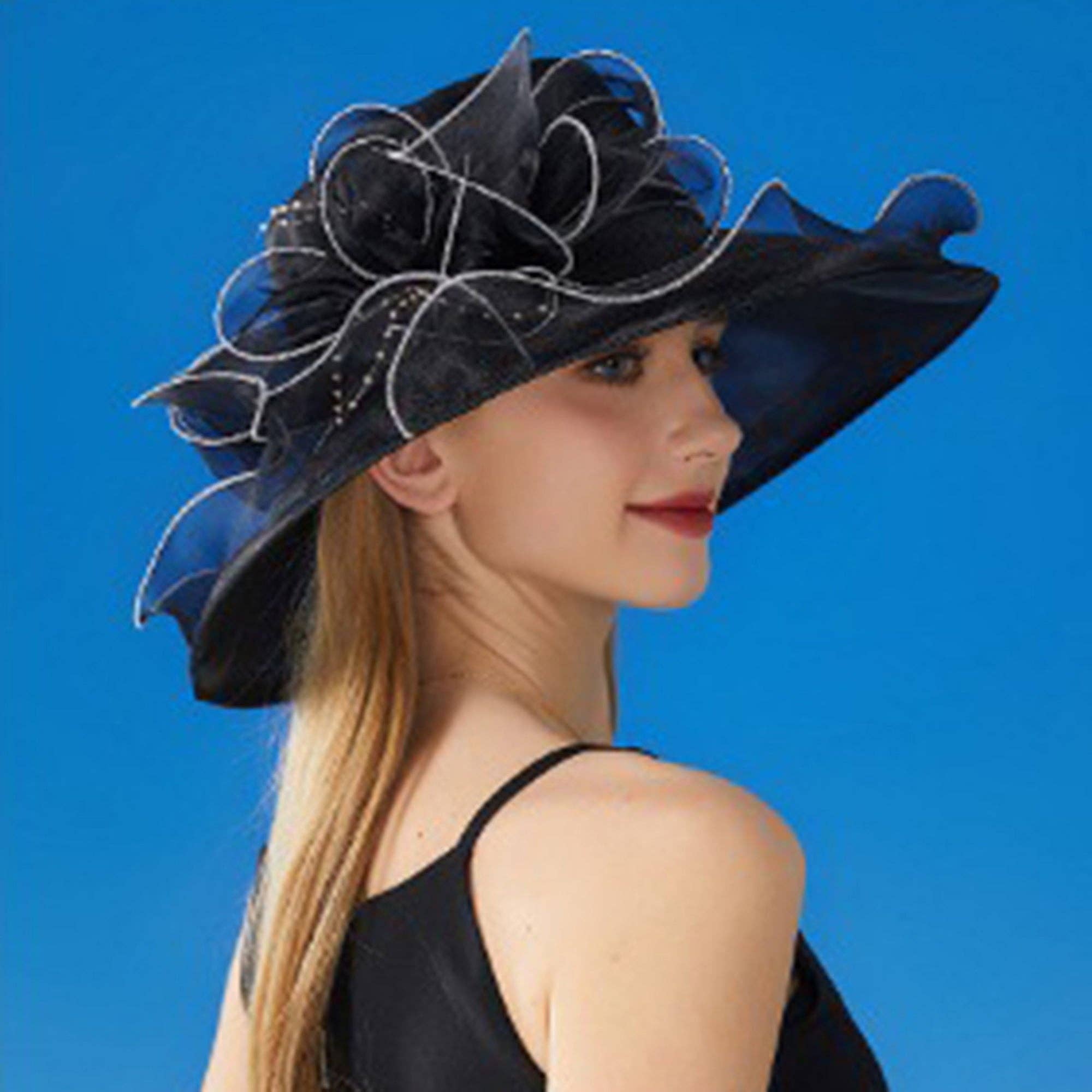 AK Brand - Wholesale Fascinator Hat - Women's - Wide Brim Organza Dress Hat with Sheer Ribbon Floral Design13