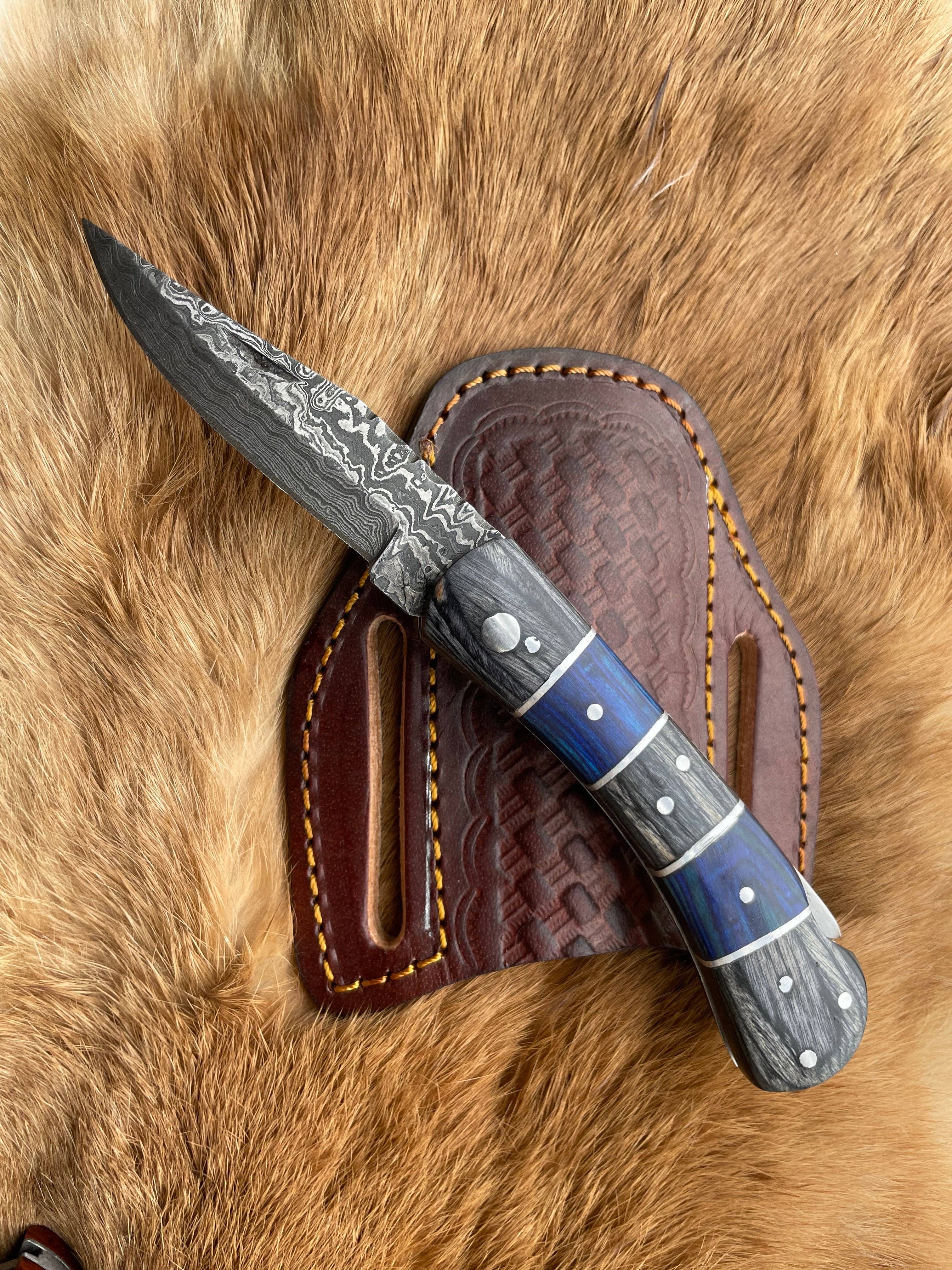 Titan International - Wholesale Pocket Knife/Holder - POCKET KNIFE Grey and Blue WOOD 6.5'' DAMASCUS STEEL KNI