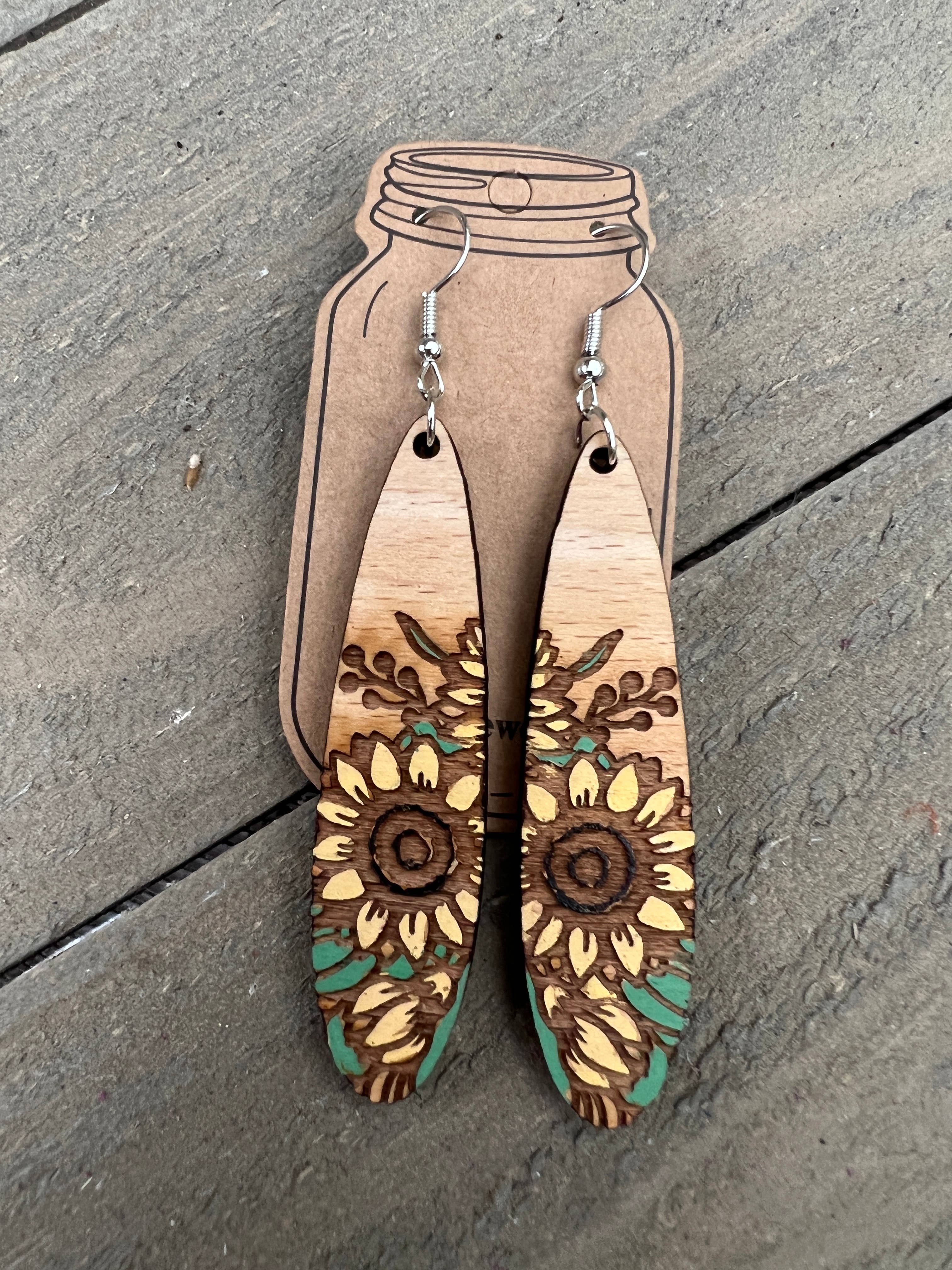 Jill's Jewels - Wholesale Dangle Earrings - Oval Sunflower Engraved Hand painted Wood Earrings1