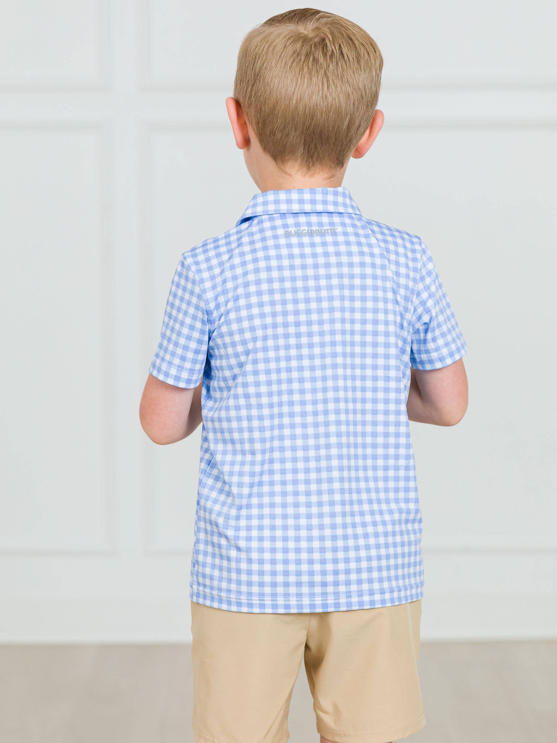 Boys Classic Periwinkle Blue Gingham Knit Short Sleeve Performance Polo for wholesale on Faire4