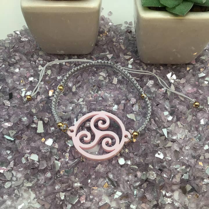 Bound Kitten - Wholesale Charm/Dangle Bracelet - BDSM Triskelion Tulip Pink Acrylic on Adjustable Gray Bracelet