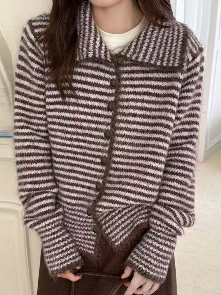 Striped Knit Button-Down Cardigan for wholesale by React Activewear