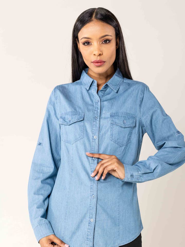 Basic fitted cotton denim denim shirt 8438 for wholesale by Nina Carter