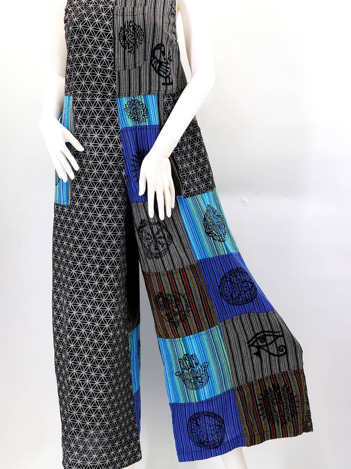 Bomuldshippie håndlavet livets blomst og hedenske symboler Blockprint Patchwork Bohemske overalls med brede ben for engroshandel hos Himalaya Handmade