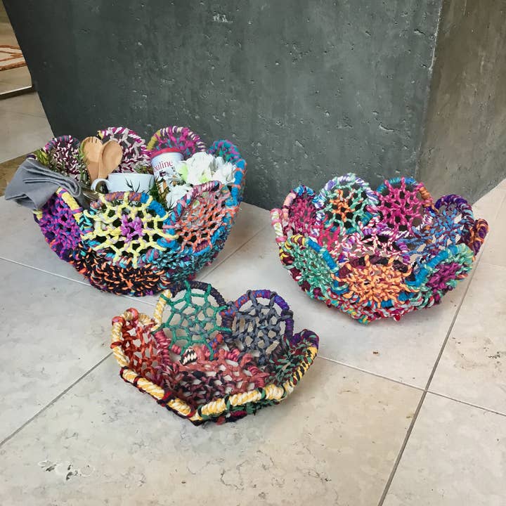 India Handicrafts Inc - Wholesale Basket - Colorful Jute Flower Baskets, 3-Piece Set