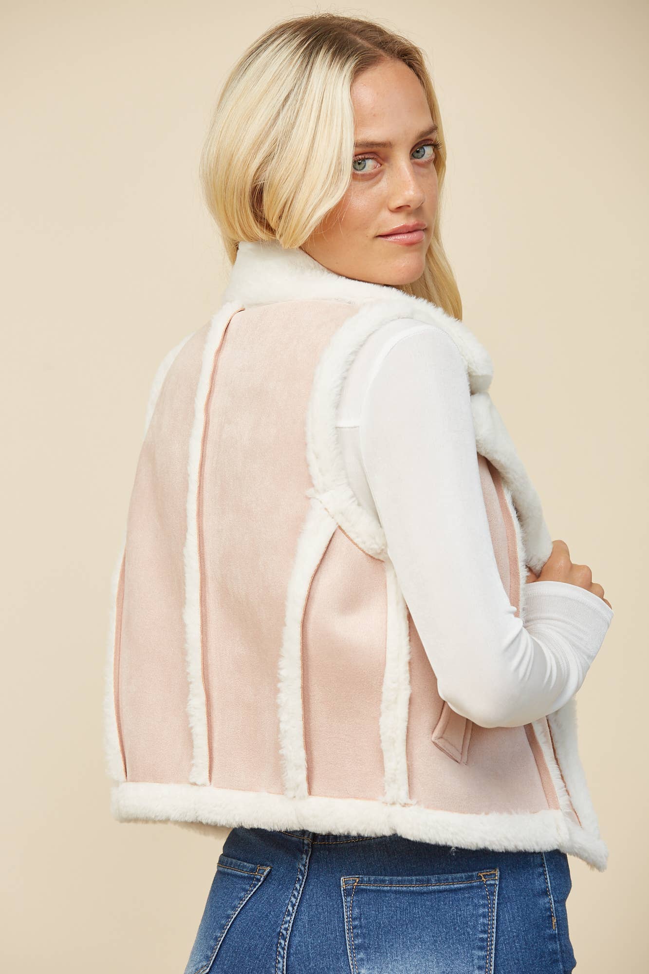 WISTERIA LANE - Vente Veste sans manches – femme - GILET EN PEAU DE MOUTON CONTRASTÉE 6433 BLUSH7