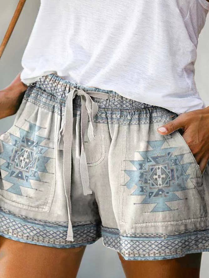 UNISHE - Wholesale Shorts - Women's - Western Aztec Print Drawstring Shorts - Size Chart Available