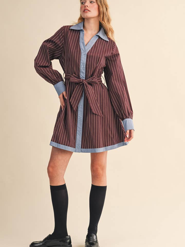 &MERCI - Wholesale Dress - Women's - STRIPED BUTTON DOWN BELTED MINI DRESS MDR426723