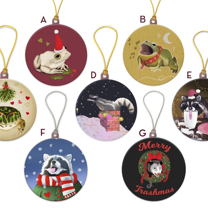 BoyPilot Goods - Wholesale Ornament - Christmas Ornaments - Frogs, Raccoons, Crows and Opossums